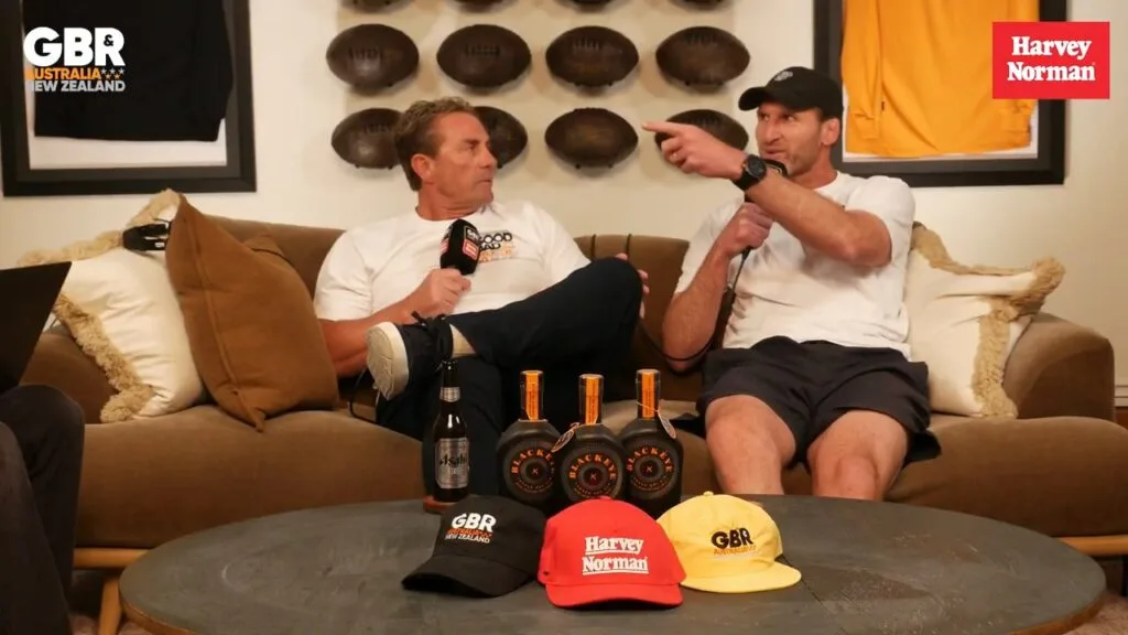 Kieran Read, former All Blacks captain, pointing as he explains the All Blacks defence beside Justin Marshall on The Good, The Bad & Rugby ANZ