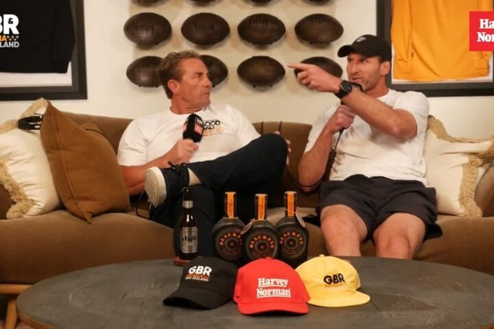 Kieran Read, former All Blacks captain, pointing as he explains the All Blacks defence beside Justin Marshall on The Good, The Bad & Rugby ANZ