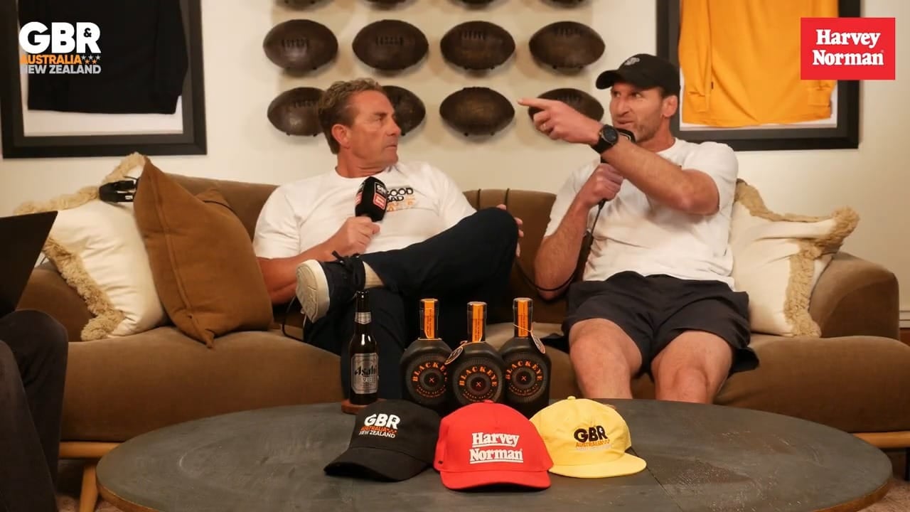 Kieran Read, former All Blacks captain, pointing as he explains the All Blacks defence beside Justin Marshall on The Good, The Bad & Rugby ANZ