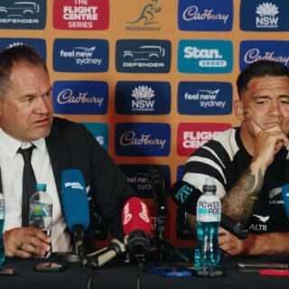 Dave Rennie, All Blacks head coach, talks about the World Cup at the post-match press conference at Accor Stadium in Sydney