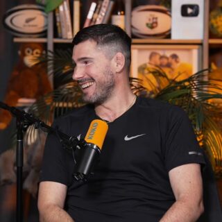 Nathan Charles, former Wallabies hooker, smiles on the Kick Offs and Kick Ons couch while talking about his foundation and life with MND