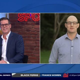 Steve Devine, left, and Stirling Mortlock, right, on a split screen on The Breakdown discussing the Rugby World Cup 2027 Pool A match