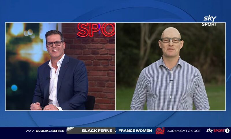 Steve Devine, left, and Stirling Mortlock, right, on a split screen on The Breakdown discussing the Rugby World Cup 2027 Pool A match