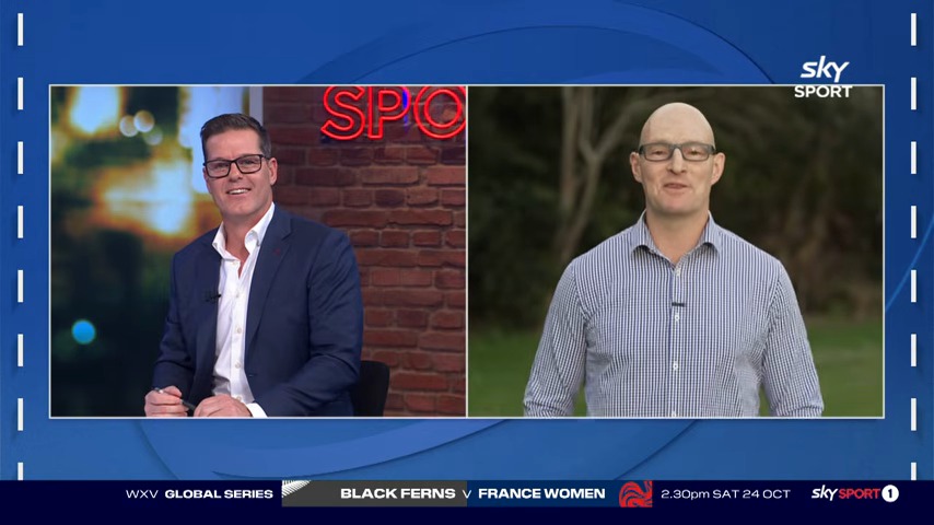 Steve Devine, left, and Stirling Mortlock, right, on a split screen on The Breakdown discussing the Rugby World Cup 2027 Pool A match