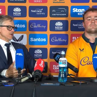 Les Kiss, Wallabies head coach, and captain Harry Wilson at the post-match press conference after the 43-21 loss to the All Blacks in Sydney