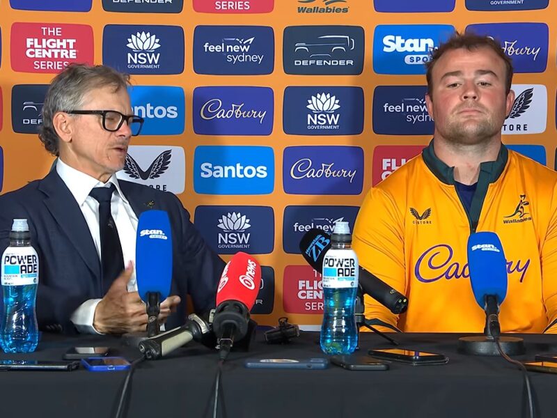 Les Kiss, Wallabies head coach, and captain Harry Wilson at the post-match press conference after the 43-21 loss to the All Blacks in Sydney