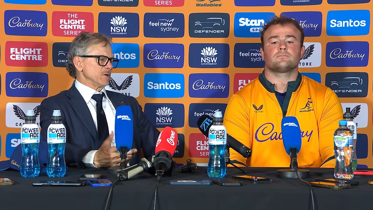 Les Kiss, Wallabies head coach, and captain Harry Wilson at the post-match press conference after the 43-21 loss to the All Blacks in Sydney
